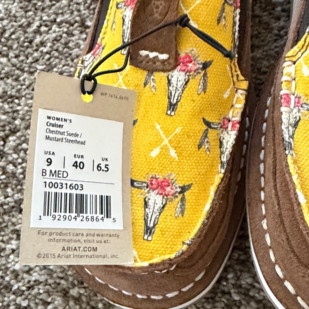 Ariat Kids Brown Suede Moccasins with Yellow Floral Bull-Head Print - Picture 2 of 3